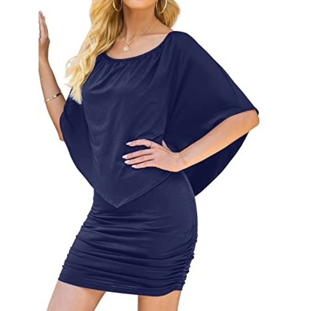 Yincro‎ Navy Blue Batwing Ruched Bodycon Dress XL Cocktail Party Cape Overlay